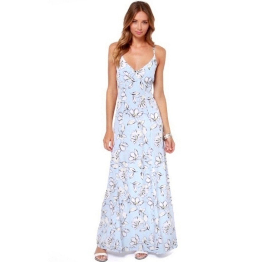 BB Dakota Elvya Sz 6 Blue n White Floral Babydoll Spaghetti Strap Maxi EUC!